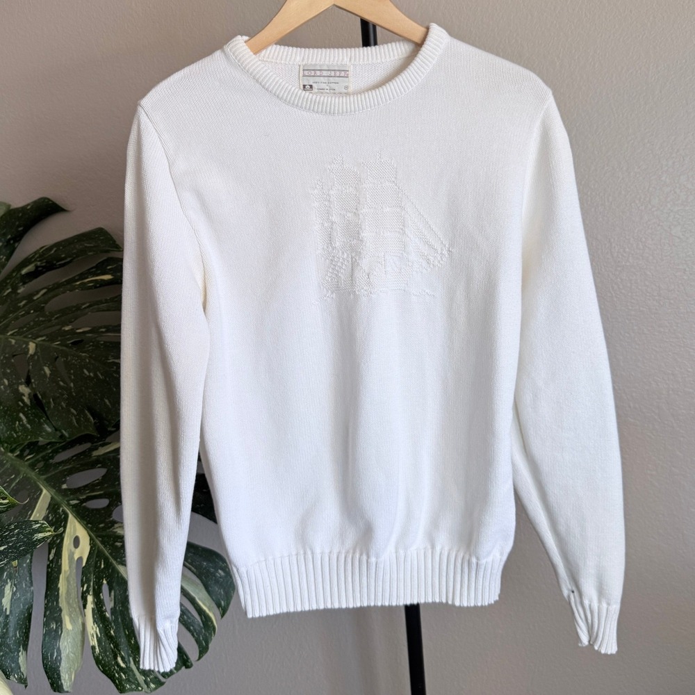 Vintage Sailboat Sweater‎ Lord Jeff White Cotton Knit Womens Medium Made in USA